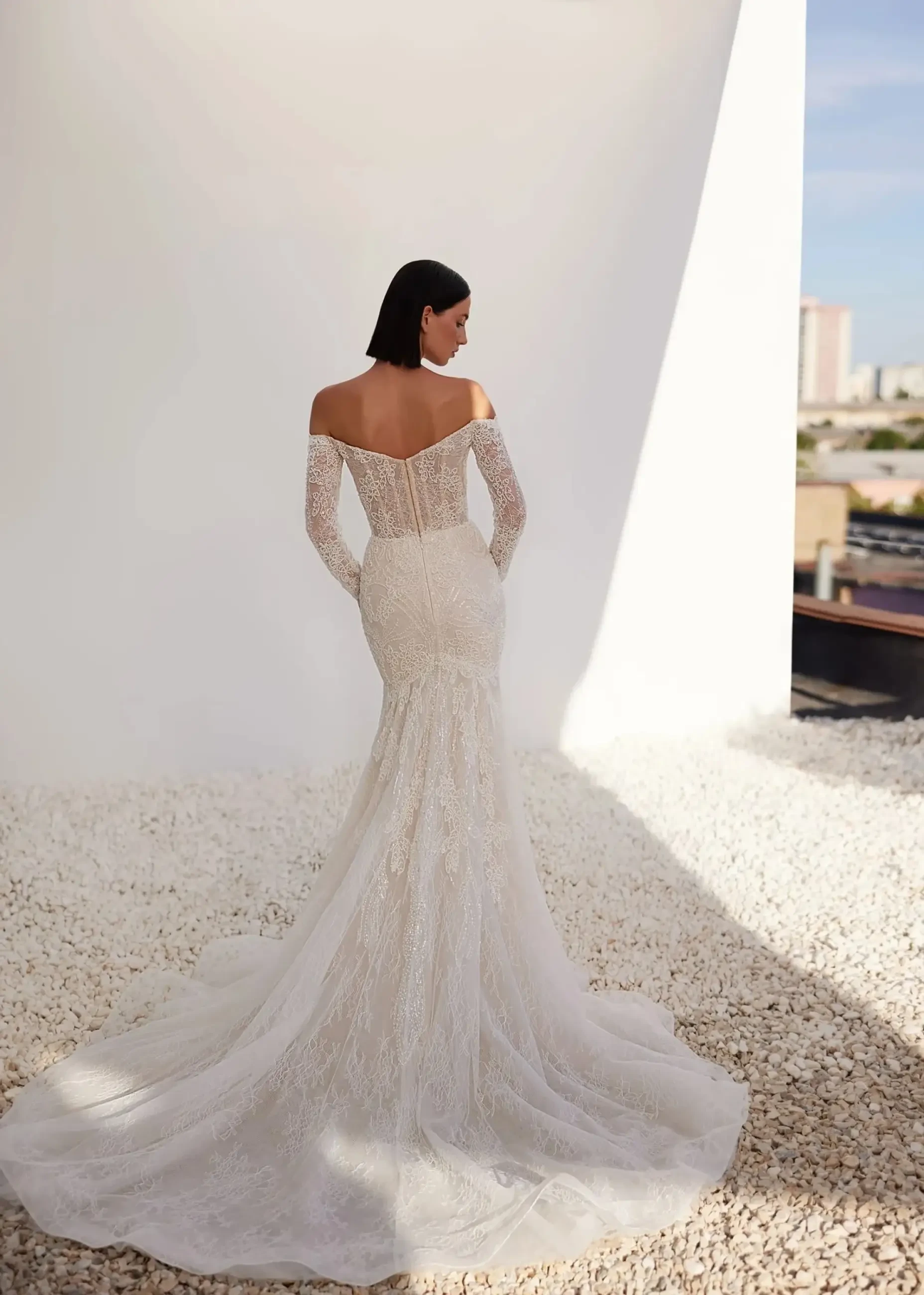 model is wearing a beaded off the shoulder long sleeve fit and flare bridal gown