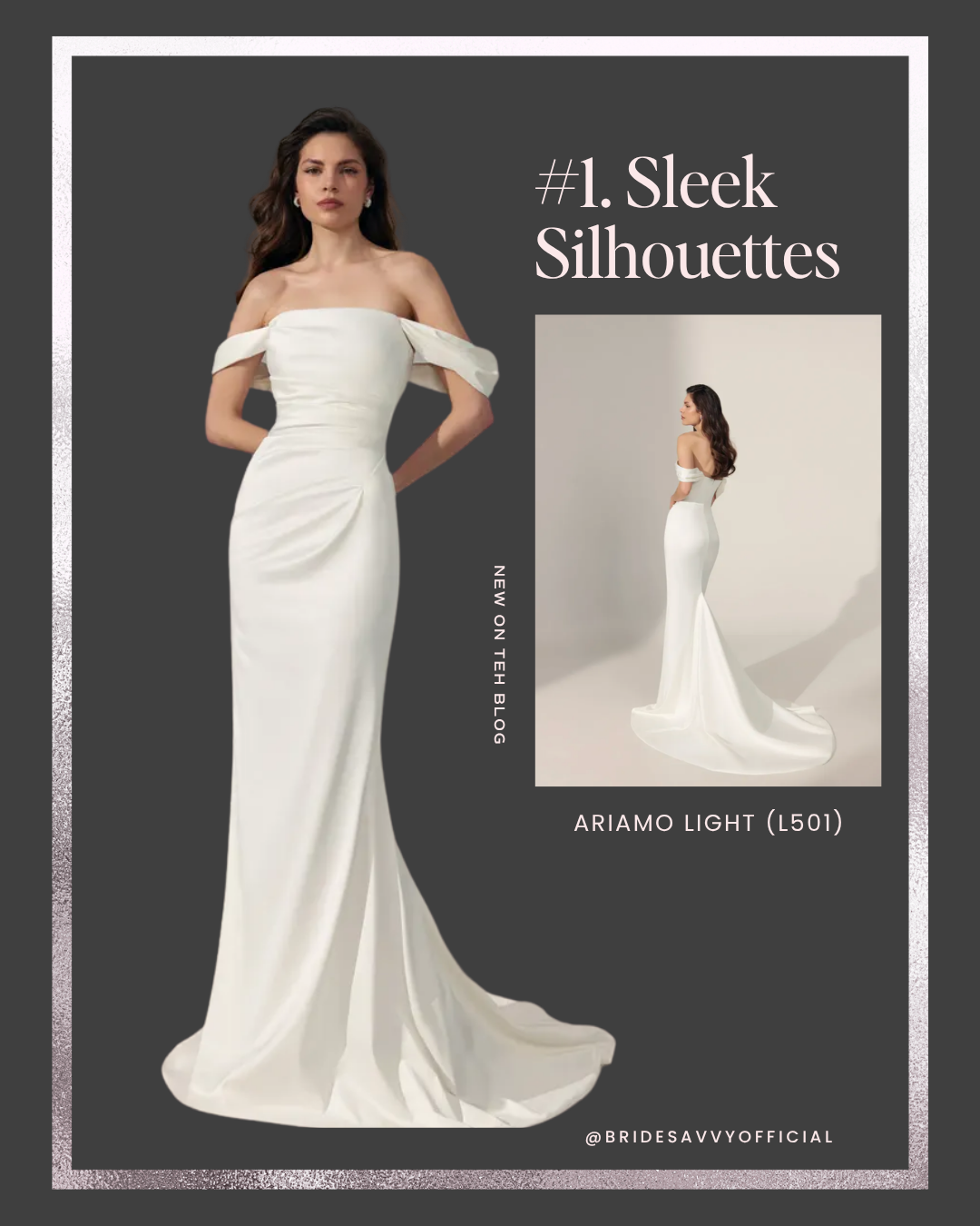 A model wearing a sleek, off-the-shoulder white gown with a fitted silhouette. The text reads 