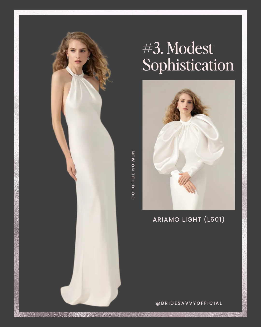 #3. Modest Sophistication - Two elegant white dresses displayed, one with a halter neck and the other with puff sleeves.