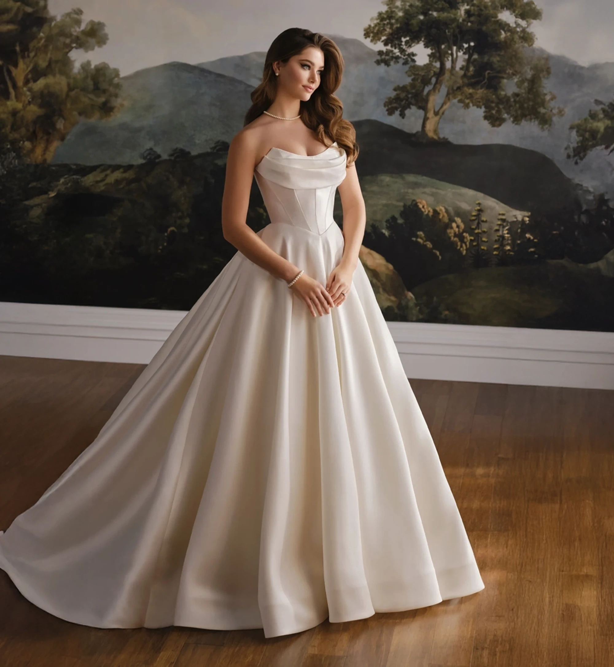 Photo of the model wearing a white bridal gown.