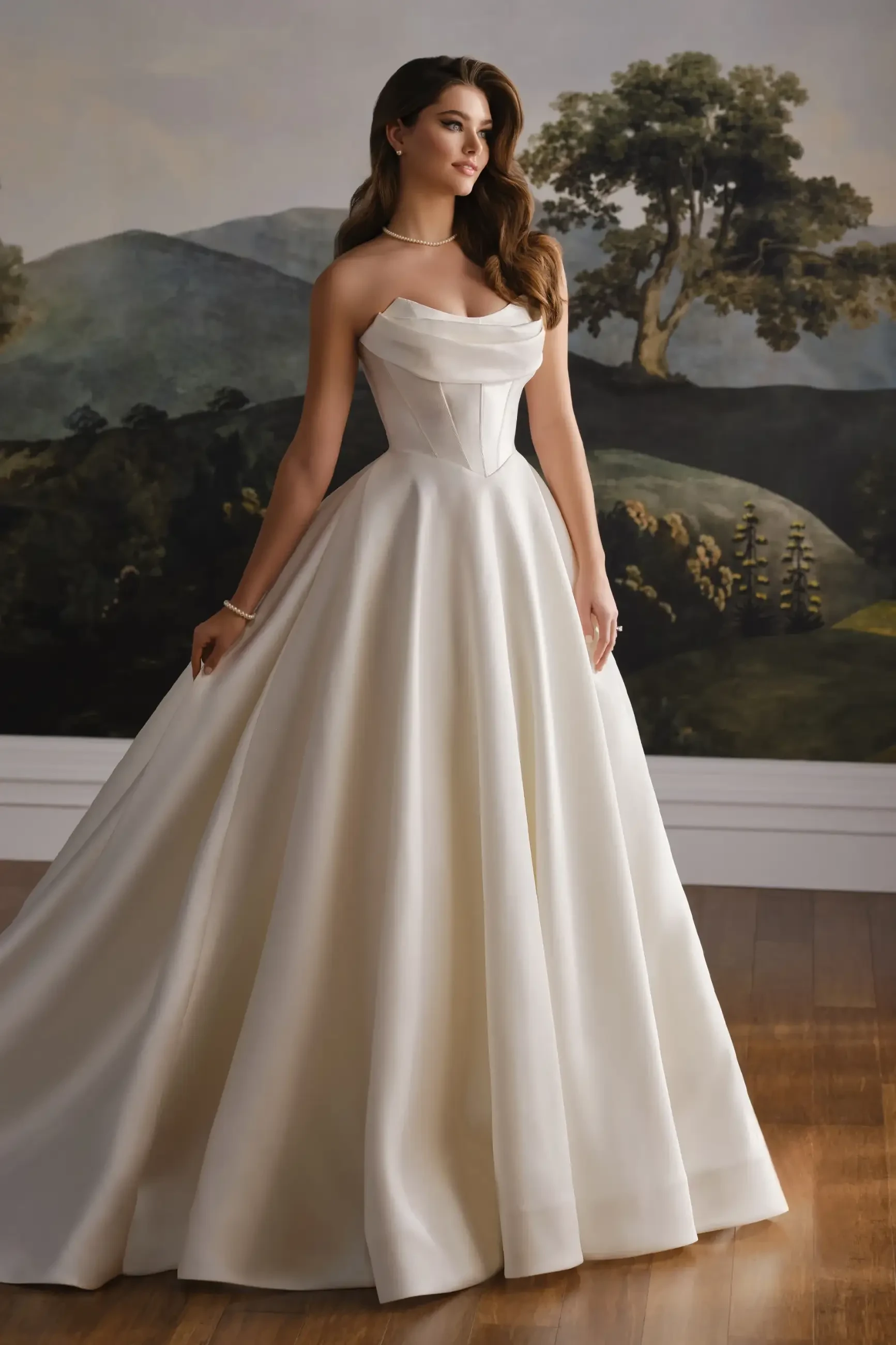 A woman wearing a beautiful white gown, standing elegantly in front of a painted landscape backdrop.