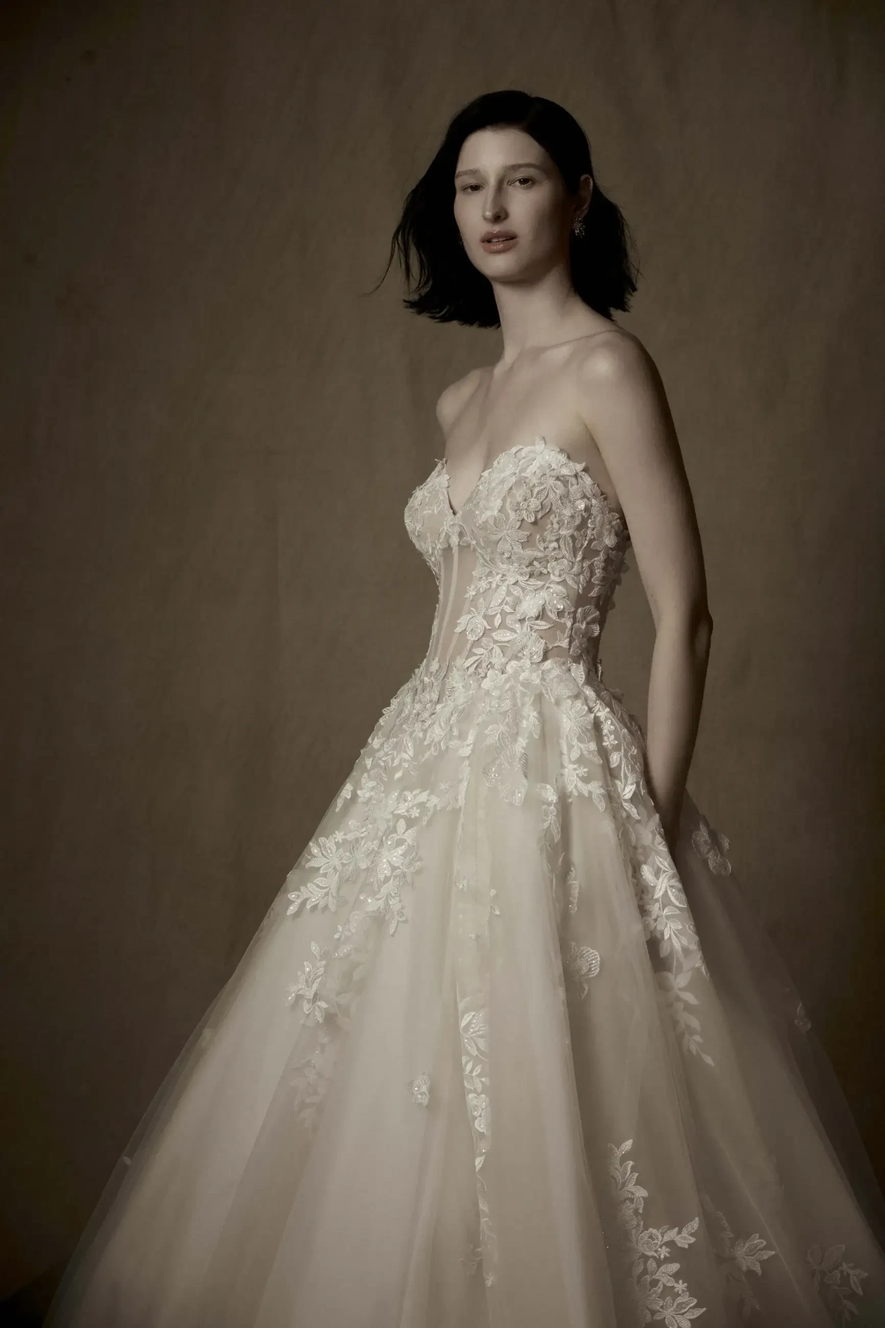 model is wearing a strapless ball gown wedding dress with 3d appliques